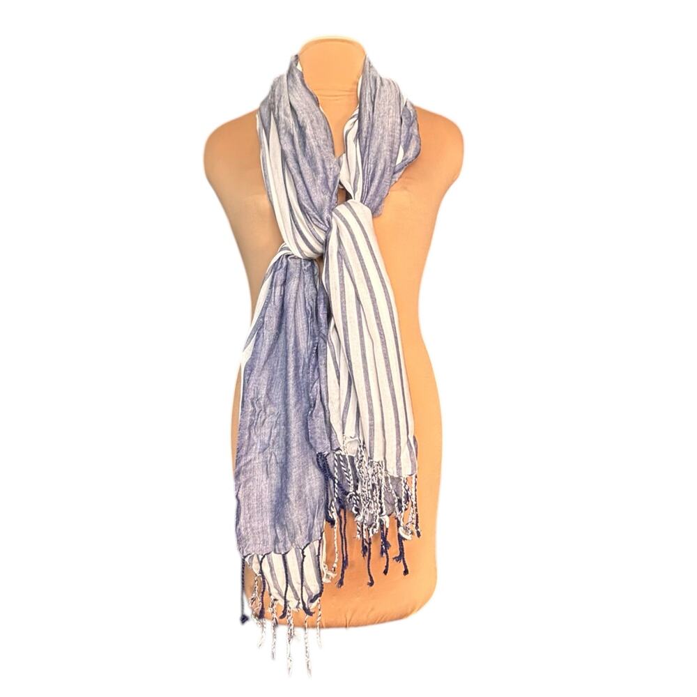 Blue White Striped Tassel Fringe Scarf Shawl Wrap Lightweight Boho Coastal